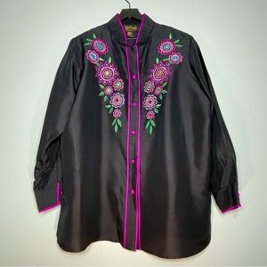 Bob Mack Wearable Art Women’s Long Sleeve Top 100% Silk Embroidery Black Size 1X